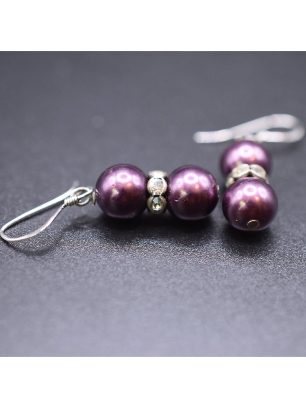 Purple Glass Pearl Drop Earrings With Rhinestone Accent - Vintage Style Jewelry